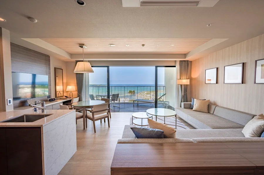 HIYORI Ocean Resort Okinawa living space for a multigenerational family comparing proper beds, extra bed and daybeds