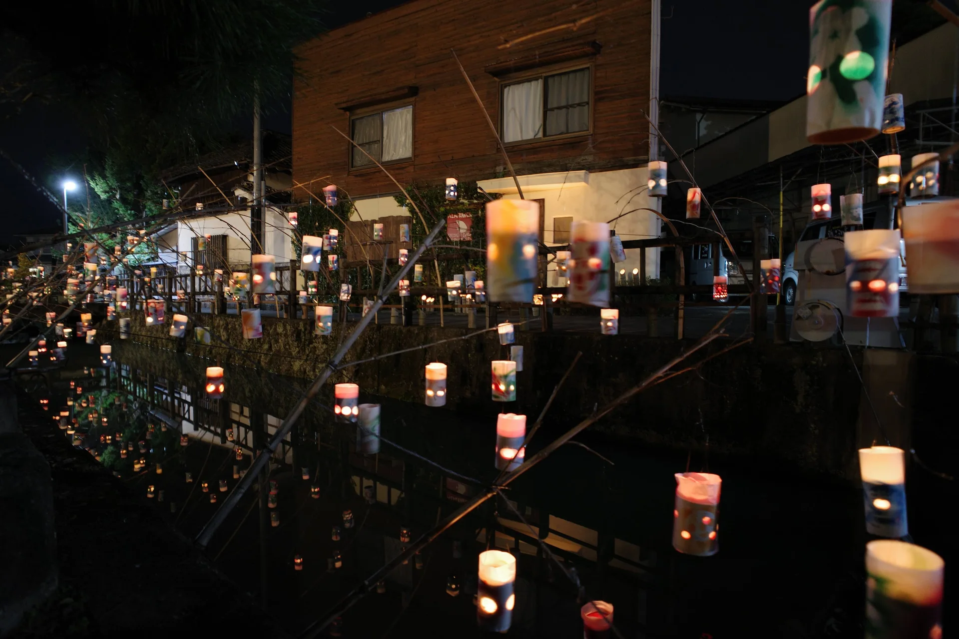 Bamboo lanterns lining the historic streets of Mameda-machi during Sennen Akari