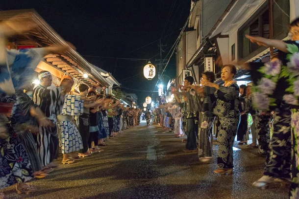 Gujo Odori float, musicians and dance circle at night