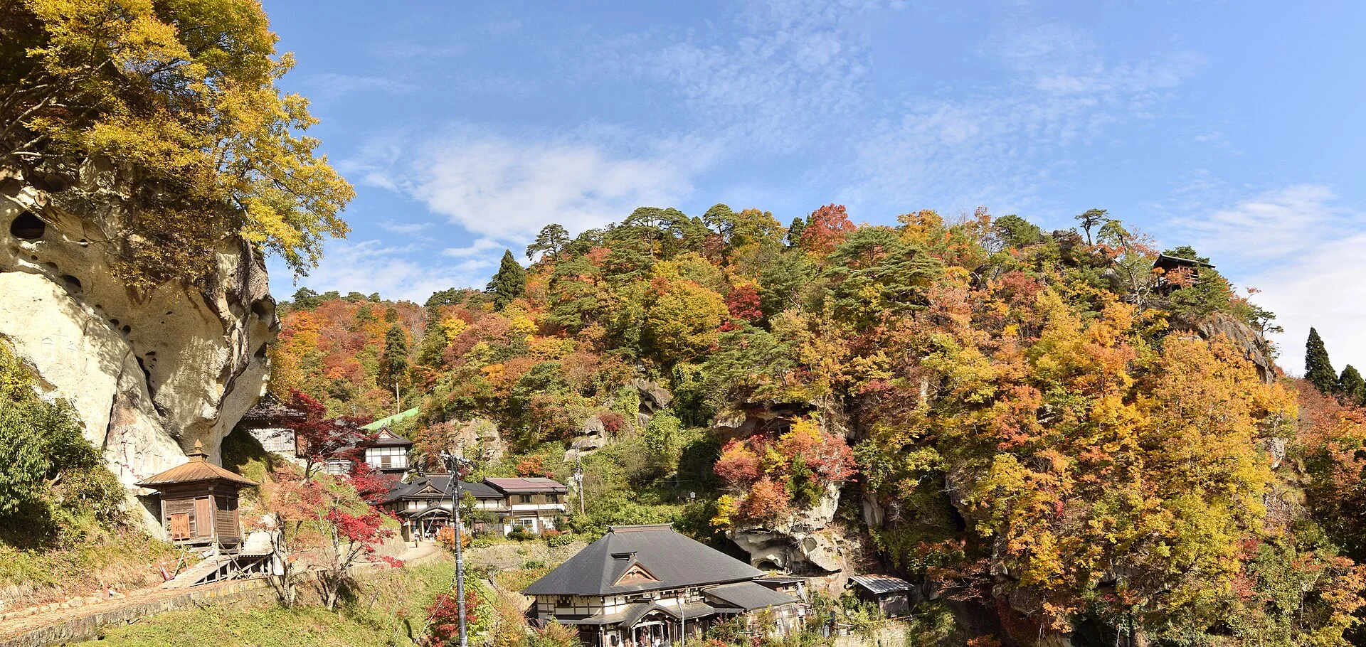 Yamadera valley in autumn with fog that can reduce the Godaido view