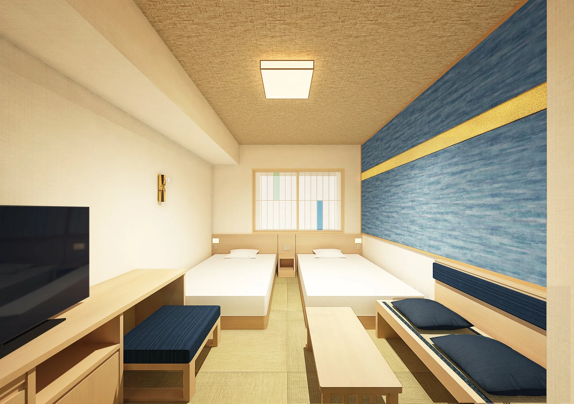 Twin guest room near Beppu Station with space for luggage