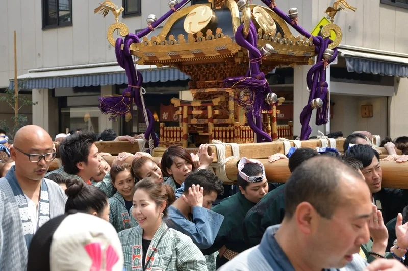 Close view of a Nezu Shrine Reitaisai mikoshi, especially relevant for the 2026 Shinkosai year
