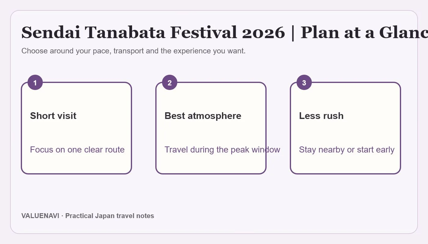Sendai Tanabata trip planning graphic for fireworks night and the three main festival days