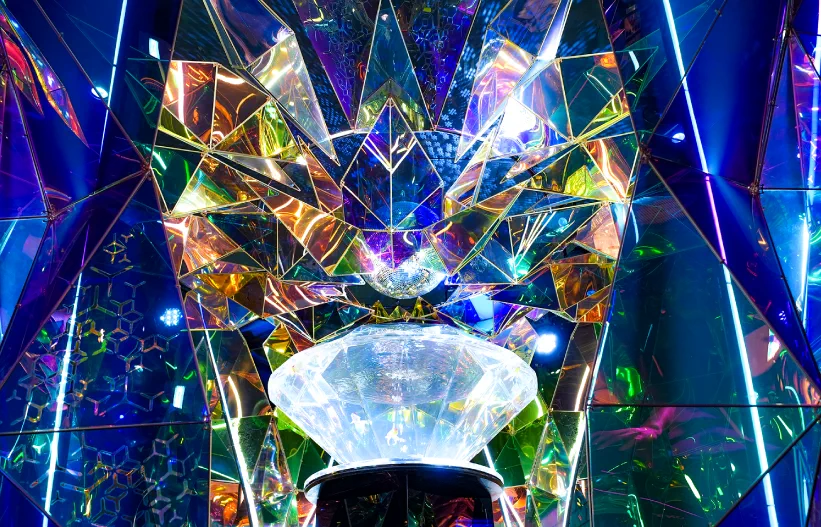Japanese Aquarium Disco display inside NARA KINGYO MUSEUM with goldfish tanks and mirror-ball lighting