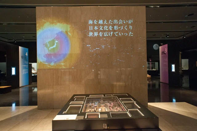 Entrance area of the Cultural Exchange Gallery at Kyushu National Museum, where the permanent exhibition is organised into historical themes