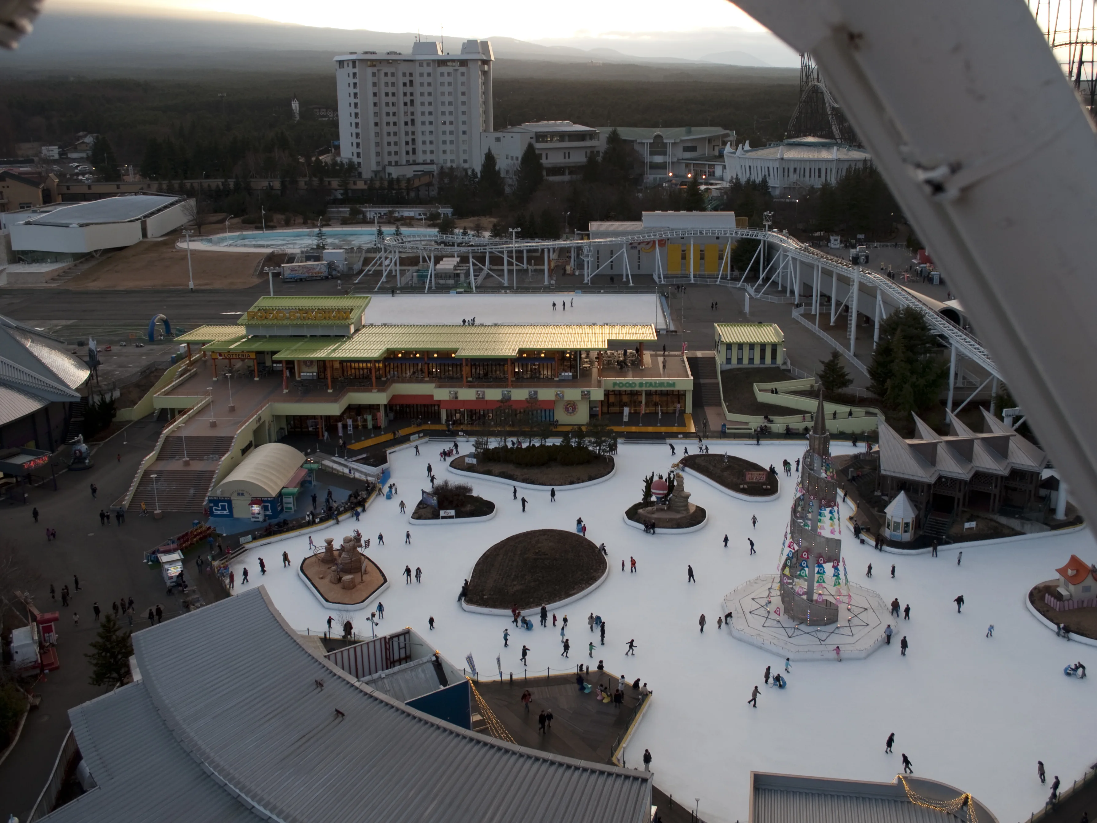 View across Fuji-Q Highland from the Ferris wheel, showing how a full park day differs from a short ride-only visit