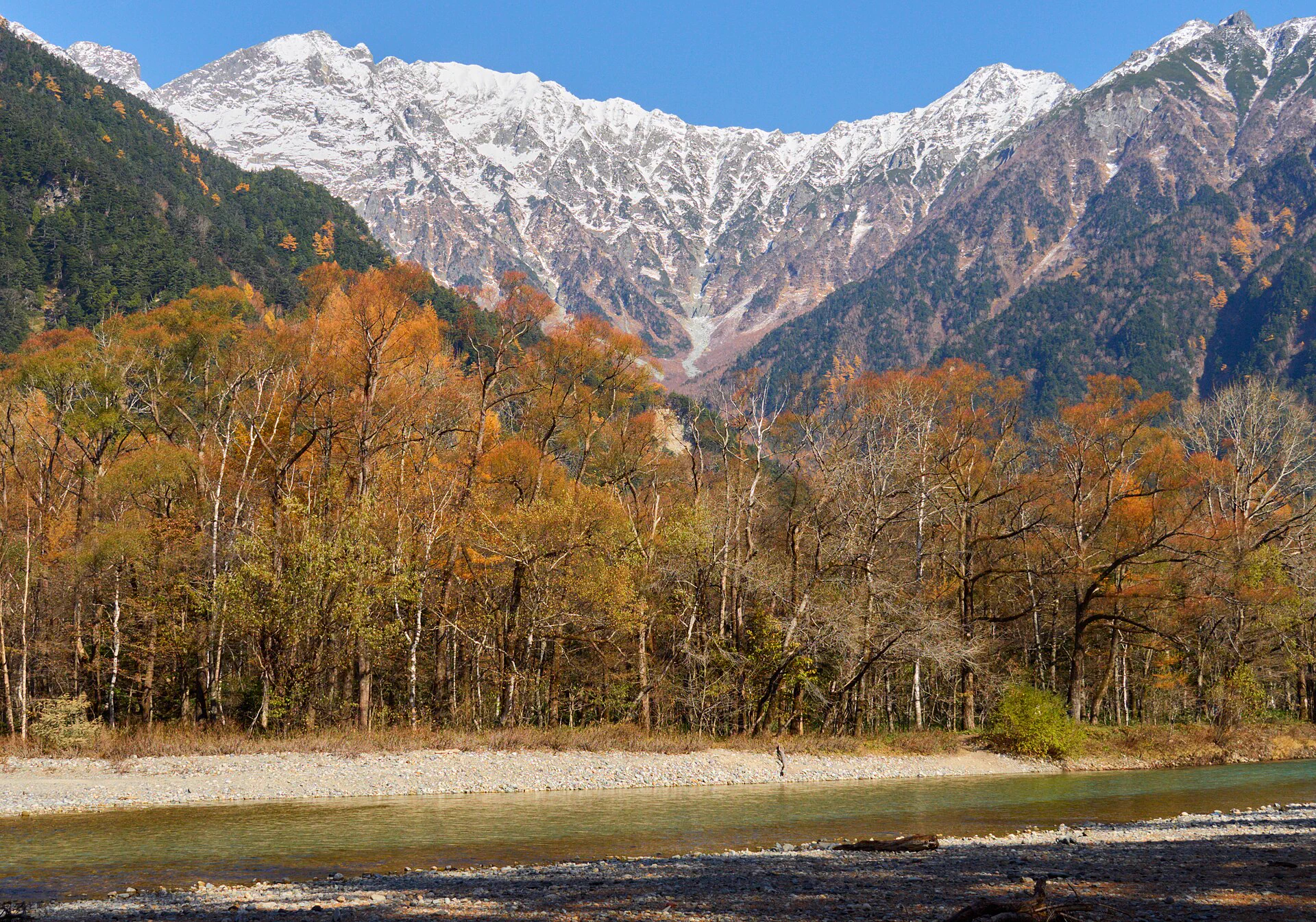 Kappa Bridge and golden larch in Kamikochi on an October Central Japan autumn route