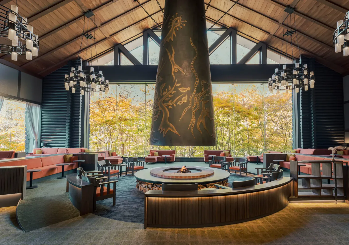 Oirase Keiryu Hotel forest-view lobby during the autumn foliage season