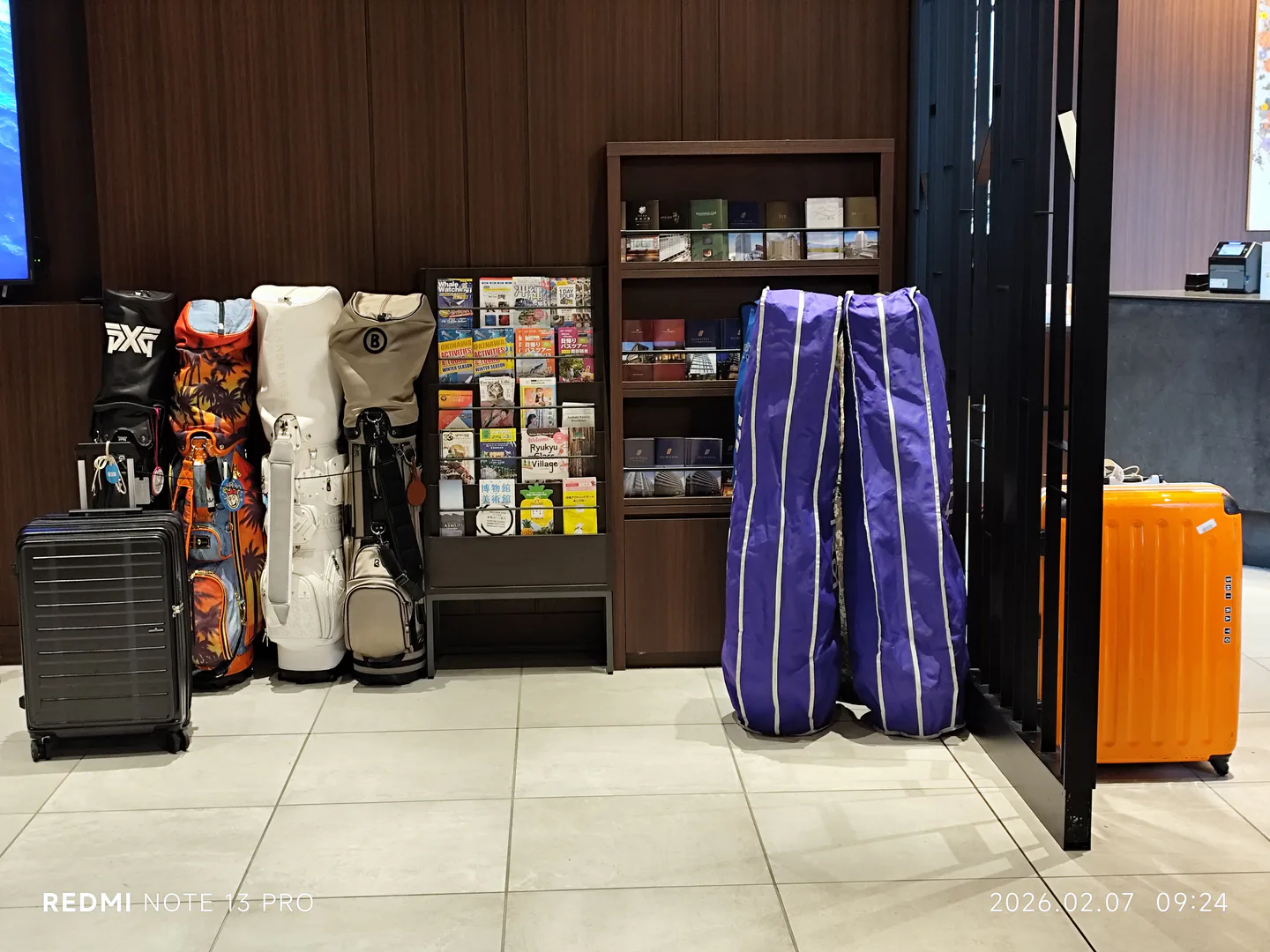 Large luggage in a Tokyo hotel before travel to Lake Kawaguchiko and Hakone