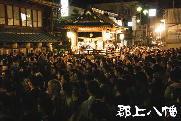 Real Gujo Odori dancers, lanterns and live music float at night