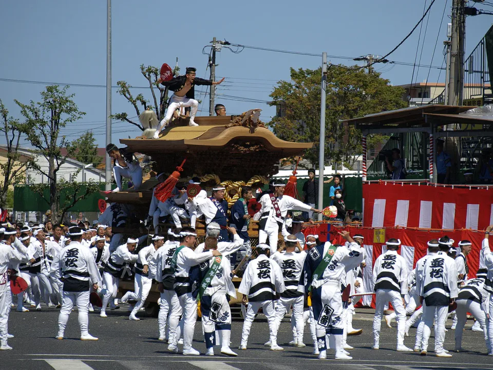 Kishiwada Danjiri Festival procession with a decorated float and festival teams